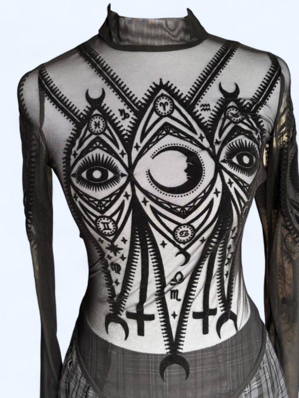 Whimsical Sheer Black Mesh Long-Sleeve bodysuit with Celestial witchy Graphic